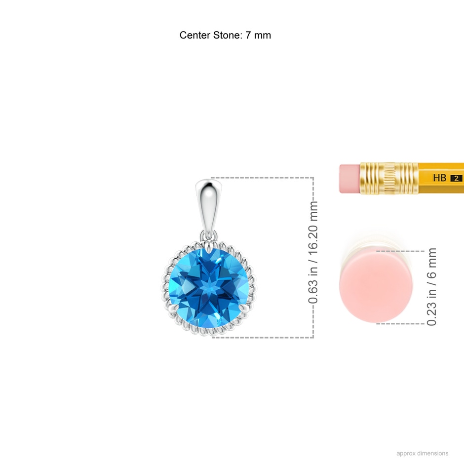 7mm AAAA Rope-Framed Claw-Set Swiss Blue Topaz Solitaire Pendant in P950 Platinum ruler