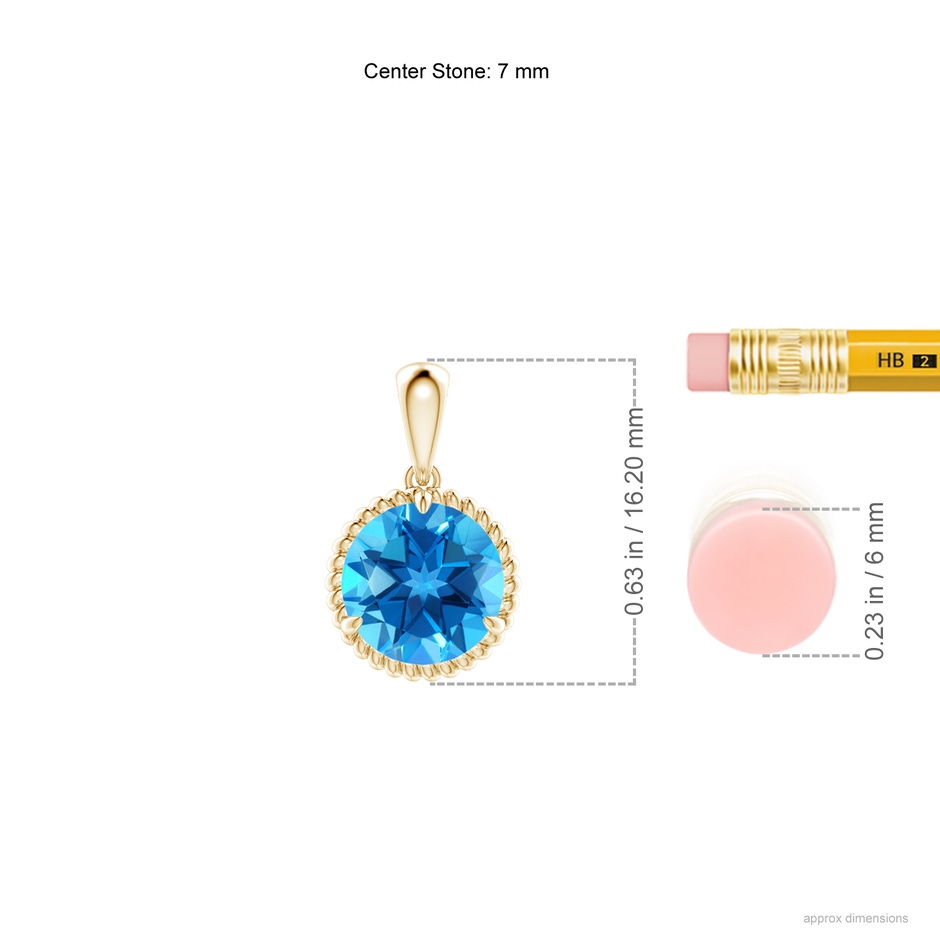 7mm AAAA Rope-Framed Claw-Set Swiss Blue Topaz Solitaire Pendant in Yellow Gold ruler