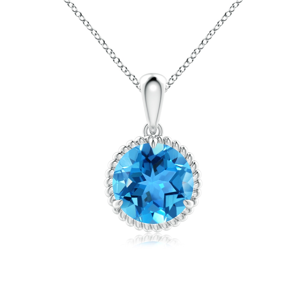 8mm AAA Rope-Framed Claw-Set Swiss Blue Topaz Solitaire Pendant in White Gold