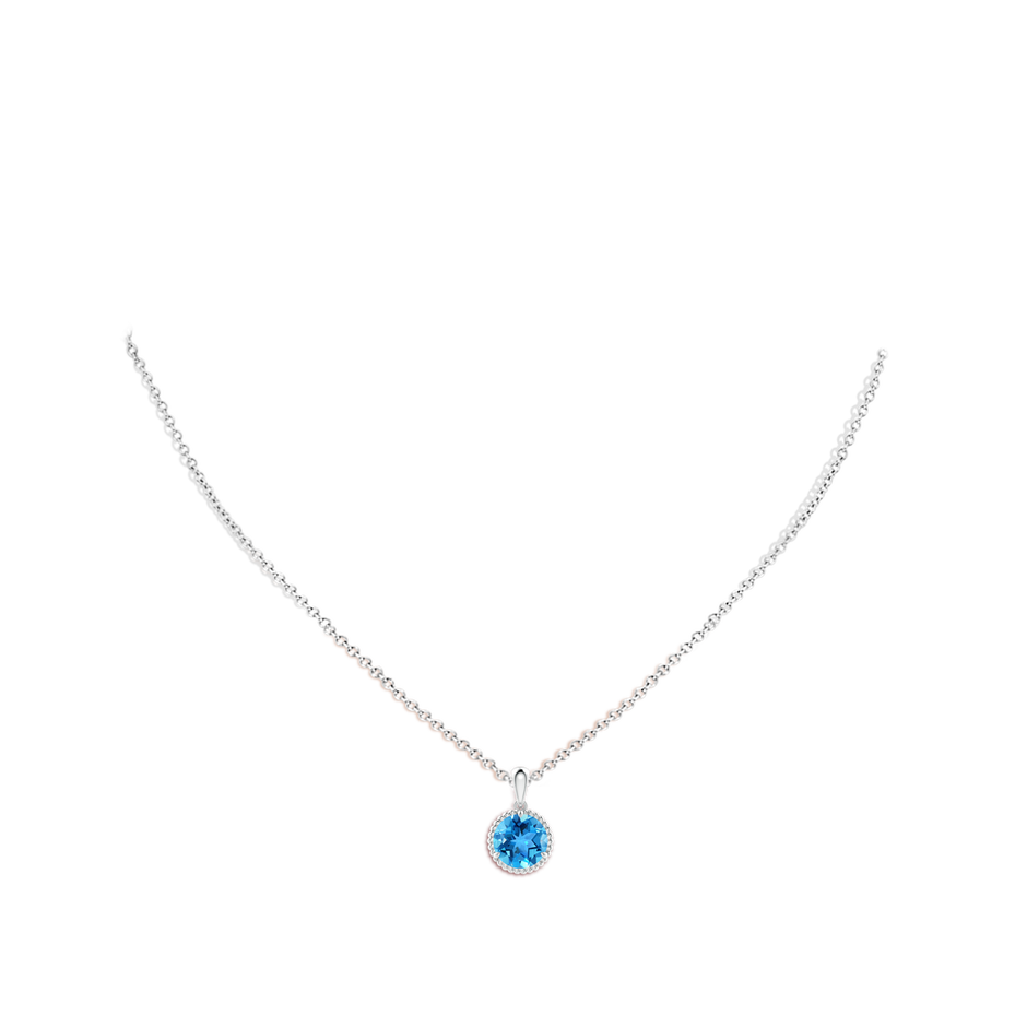 8mm AAA Rope-Framed Claw-Set Swiss Blue Topaz Solitaire Pendant in White Gold body-neck