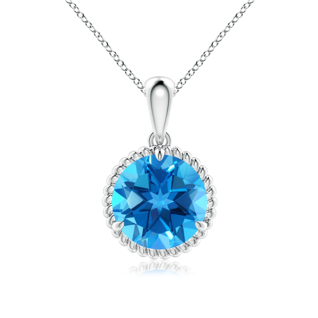 9mm AAAA Rope-Framed Claw-Set Swiss Blue Topaz Solitaire Pendant in White Gold 