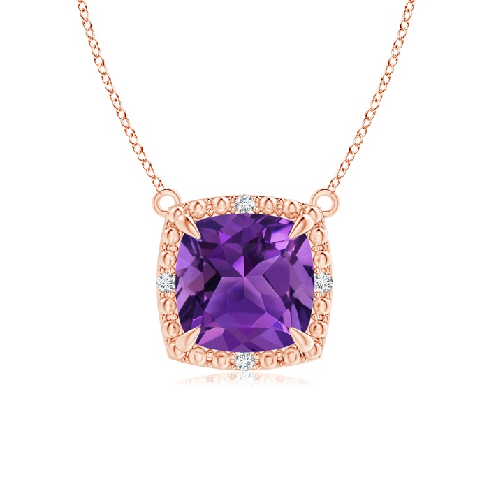 7mm AAAA Claw-Set Cushion Amethyst Beaded Halo Necklace in Rose Gold 