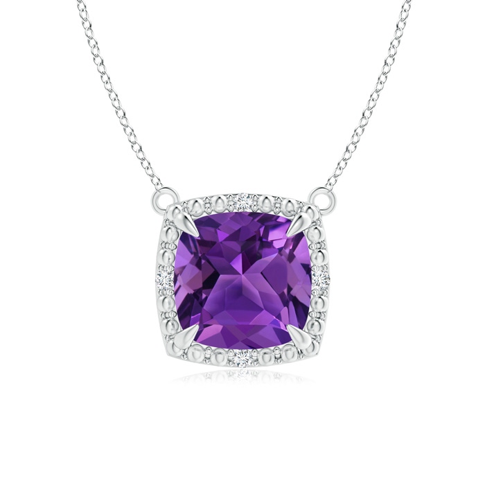 7mm AAAA Claw-Set Cushion Amethyst Beaded Halo Necklace in S999 Silver 