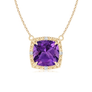 7mm AAAA Claw-Set Cushion Amethyst Beaded Halo Necklace in Yellow Gold