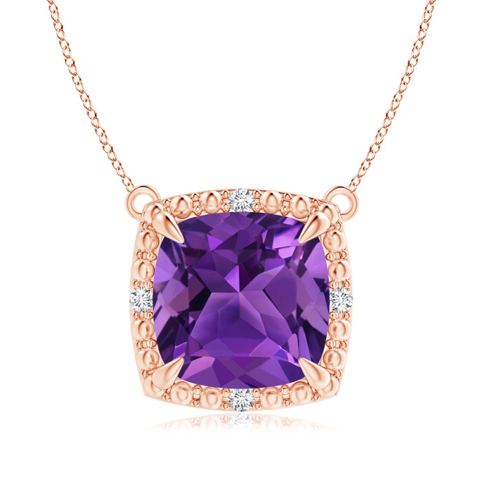 9mm AAAA Claw-Set Cushion Amethyst Beaded Halo Necklace in Rose Gold 