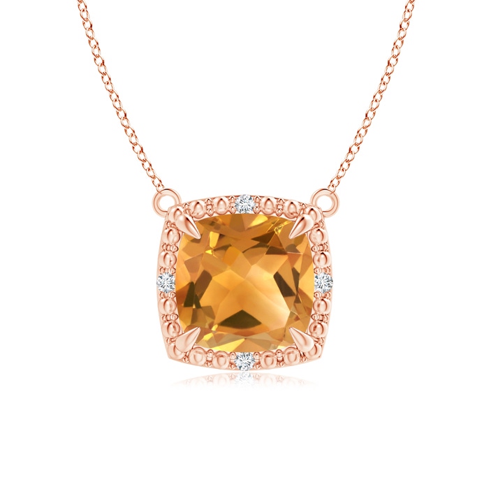 7mm A Claw-Set Cushion Citrine Beaded Halo Necklace in Rose Gold 