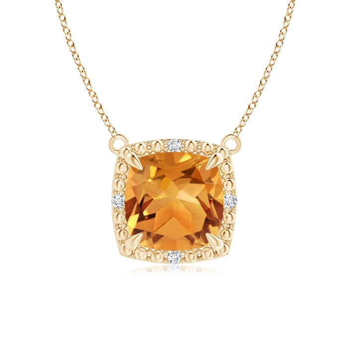 7mm AA Claw-Set Cushion Citrine Beaded Halo Necklace in Yellow Gold 