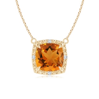 7mm AAA Claw-Set Cushion Citrine Beaded Halo Necklace in Yellow Gold