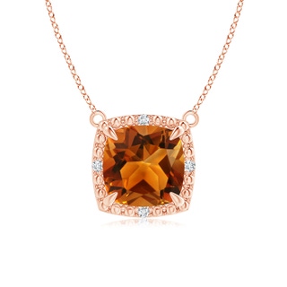 7mm AAAA Claw-Set Cushion Citrine Beaded Halo Necklace in 10K Rose Gold