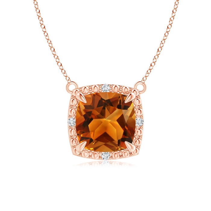 7mm AAAA Claw-Set Cushion Citrine Beaded Halo Necklace in Rose Gold 