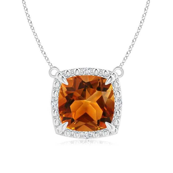 8mm AAAA Claw-Set Cushion Citrine Beaded Halo Necklace in 10K White Gold 
