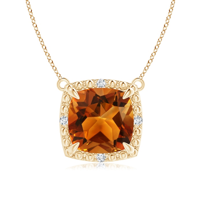 8mm AAAA Claw-Set Cushion Citrine Beaded Halo Necklace in Yellow Gold