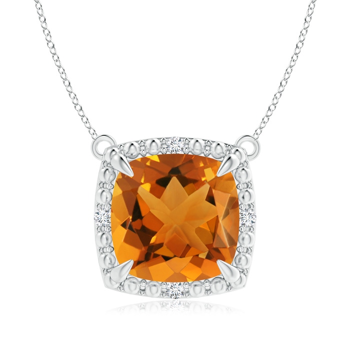 9mm AAA Claw-Set Cushion Citrine Beaded Halo Necklace in White Gold