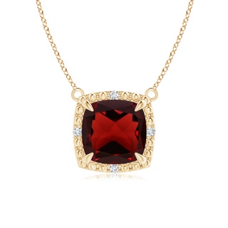 7mm AAA Claw-Set Cushion Garnet Beaded Halo Necklace in Yellow Gold