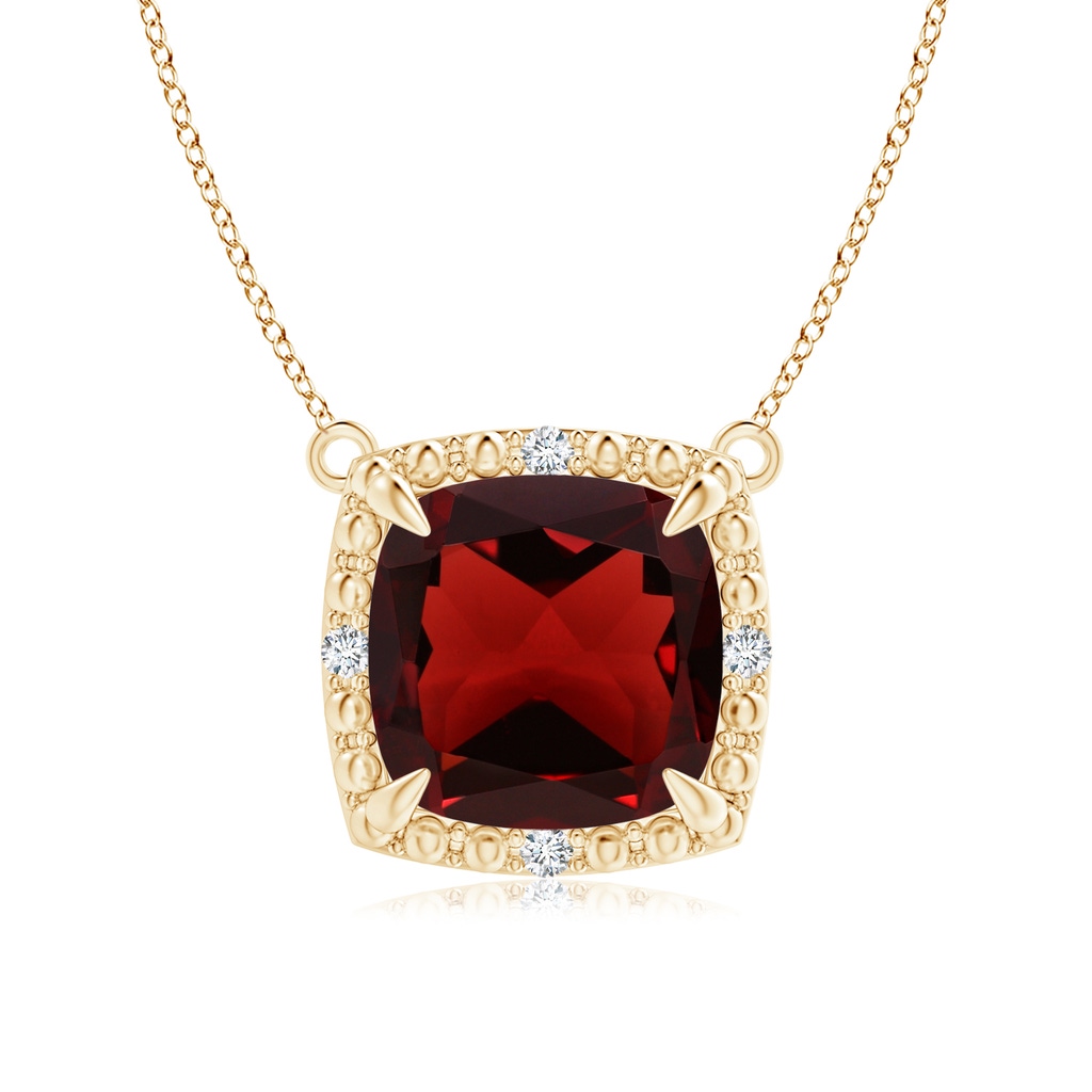 8mm AAA Claw-Set Cushion Garnet Beaded Halo Necklace in Yellow Gold