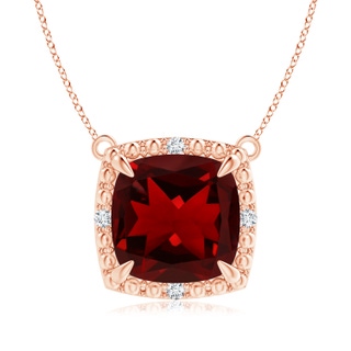 9mm AAAA Claw-Set Cushion Garnet Beaded Halo Necklace in Rose Gold