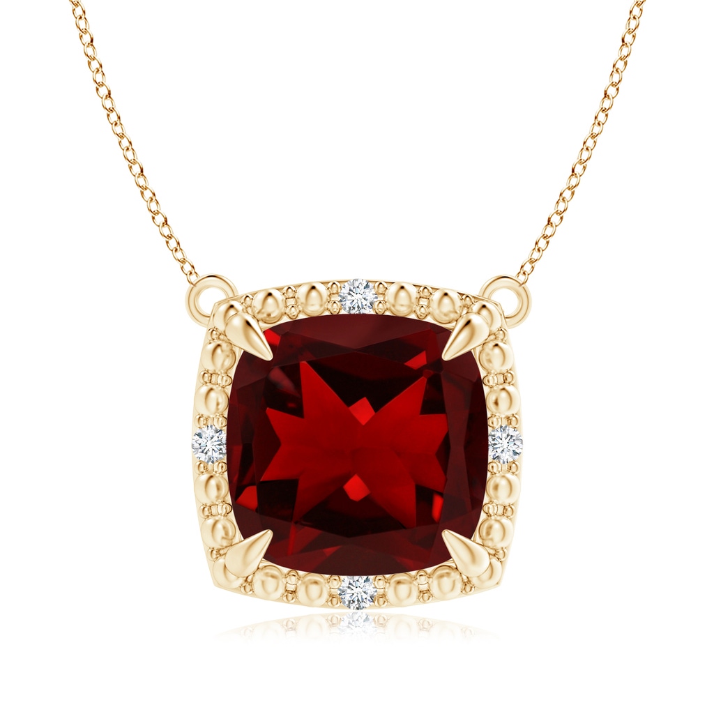 9mm AAAA Claw-Set Cushion Garnet Beaded Halo Necklace in Yellow Gold