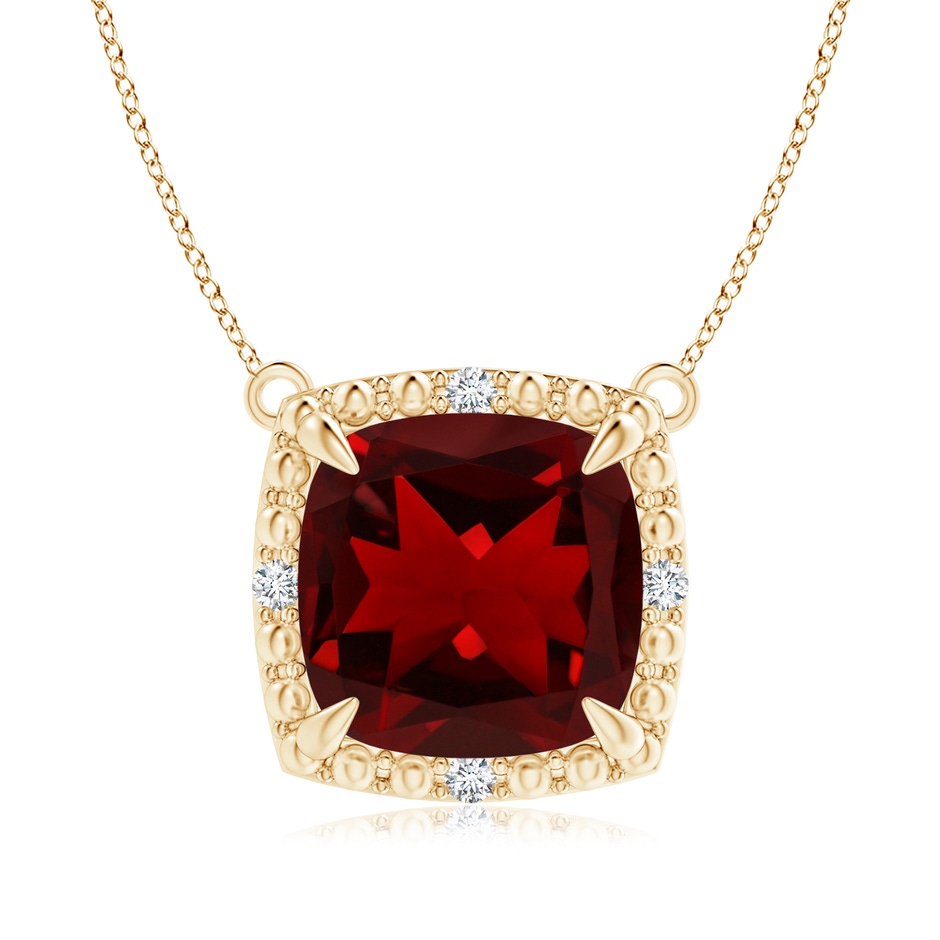 9mm AAAA Claw-Set Cushion Garnet Beaded Halo Necklace in Yellow Gold 