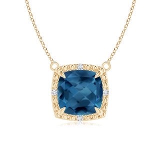 7mm AA Claw-Set Cushion London Blue Topaz Beaded Halo Necklace in 9K Yellow Gold