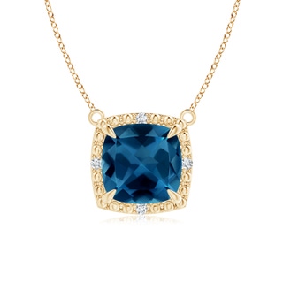 7mm AAA Claw-Set Cushion London Blue Topaz Beaded Halo Necklace in Yellow Gold