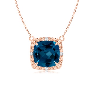 7mm AAAA Claw-Set Cushion London Blue Topaz Beaded Halo Necklace in 9K Rose Gold