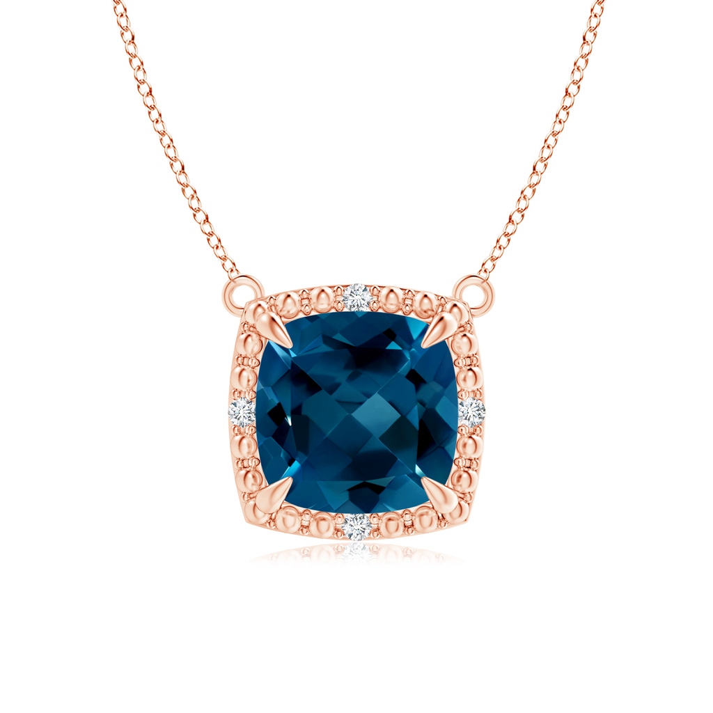7mm AAAA Claw-Set Cushion London Blue Topaz Beaded Halo Necklace in Rose Gold