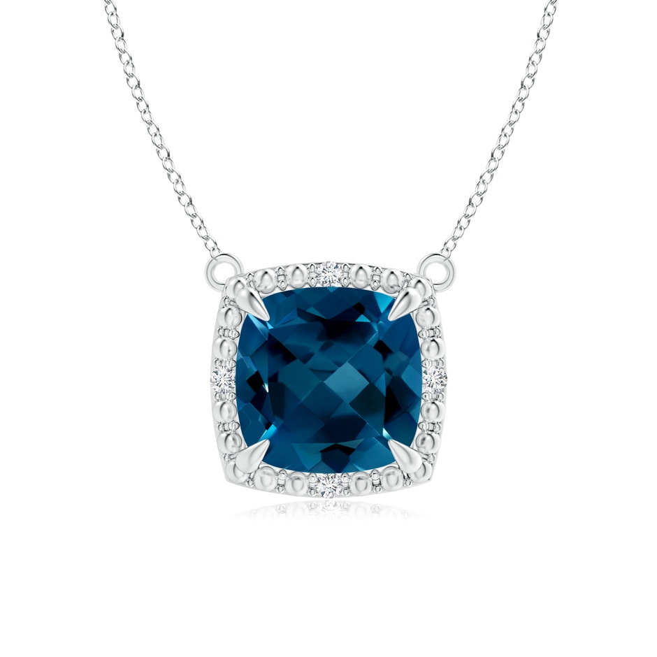 7mm AAAA Claw-Set Cushion London Blue Topaz Beaded Halo Necklace in S999 Silver 