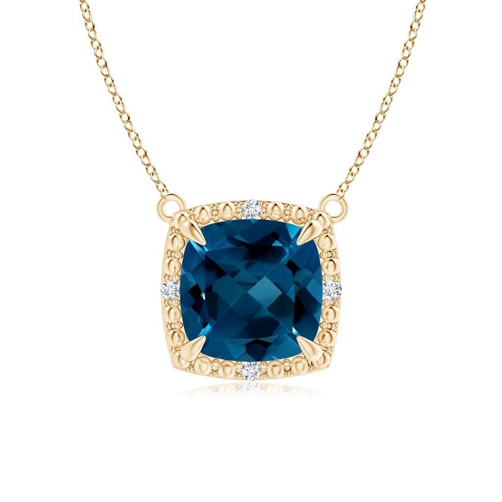 7mm AAAA Claw-Set Cushion London Blue Topaz Beaded Halo Necklace in Yellow Gold