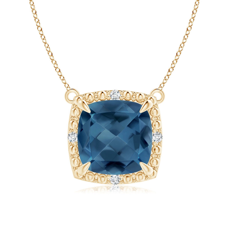 8mm A Claw-Set Cushion London Blue Topaz Beaded Halo Necklace in Yellow Gold 