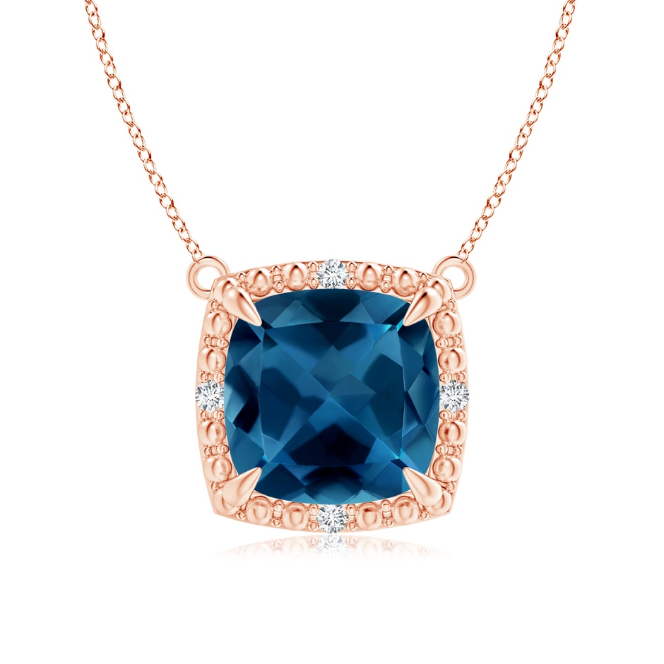 8mm AAA Claw-Set Cushion London Blue Topaz Beaded Halo Necklace in Rose Gold 