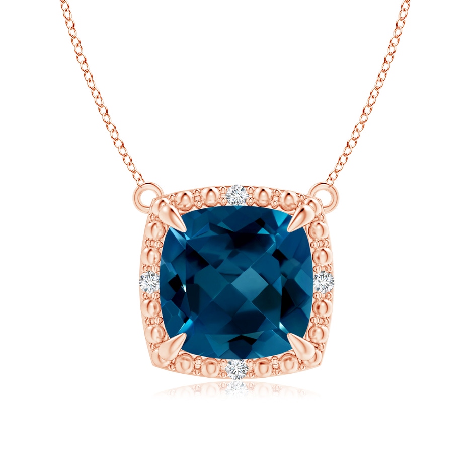 8mm AAAA Claw-Set Cushion London Blue Topaz Beaded Halo Necklace in Rose Gold 