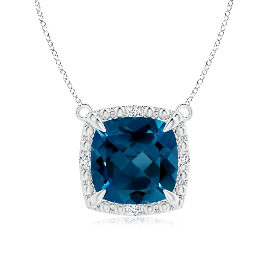 8mm AAAA Claw-Set Cushion London Blue Topaz Beaded Halo Necklace in White Gold 