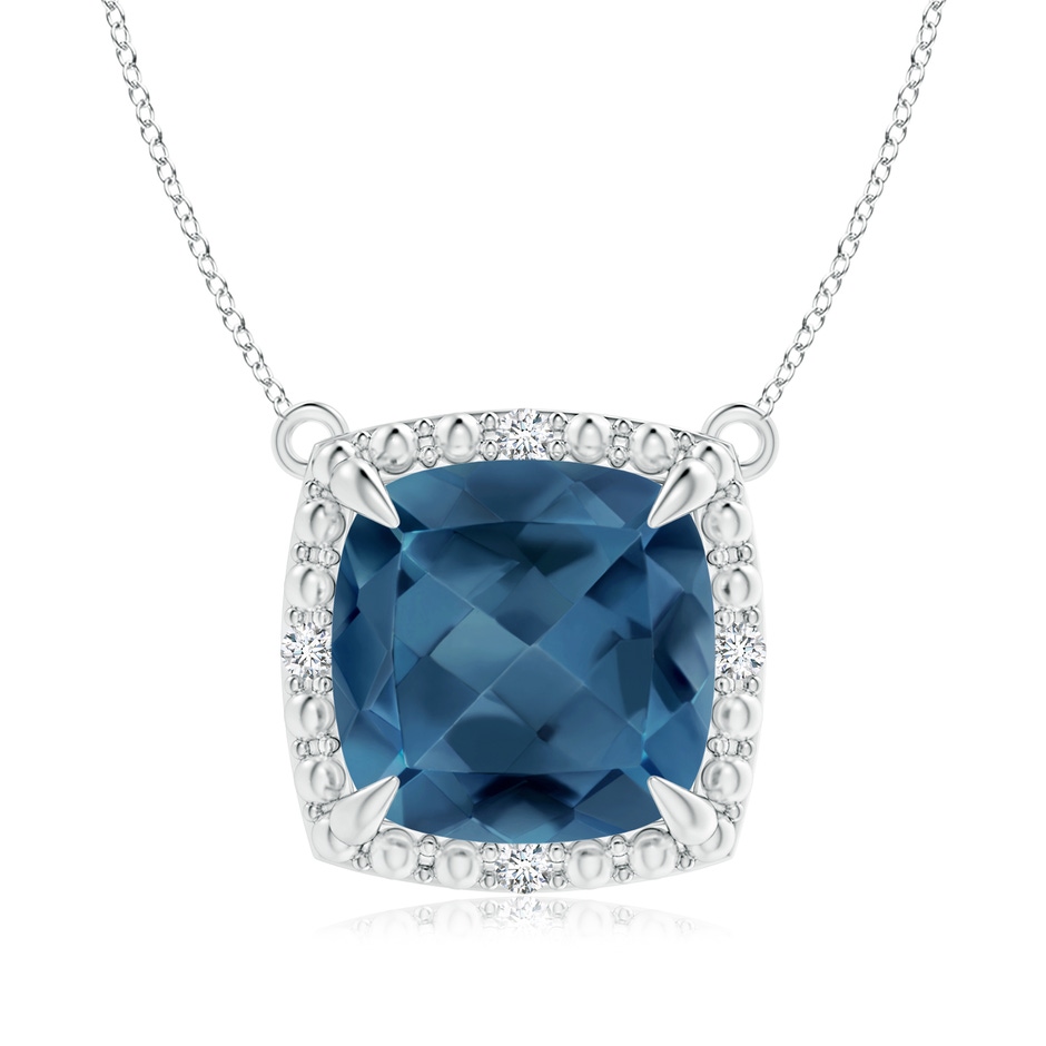9mm A Claw-Set Cushion London Blue Topaz Beaded Halo Necklace in S999 Silver 