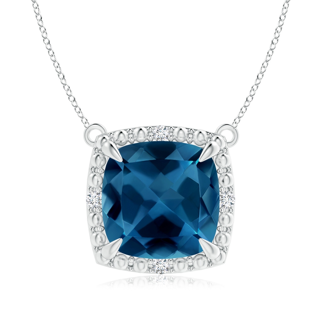 9mm AAA Claw-Set Cushion London Blue Topaz Beaded Halo Necklace in White Gold