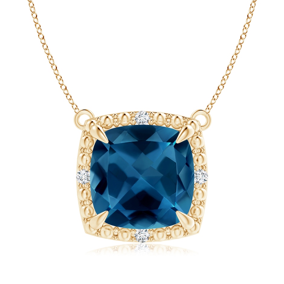 9mm AAA Claw-Set Cushion London Blue Topaz Beaded Halo Necklace in Yellow Gold 