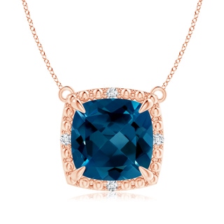 9mm AAAA Claw-Set Cushion London Blue Topaz Beaded Halo Necklace in Rose Gold