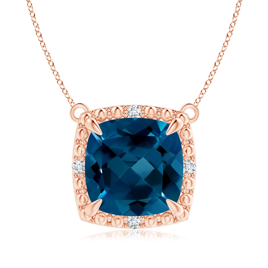9mm AAAA Claw-Set Cushion London Blue Topaz Beaded Halo Necklace in Rose Gold 
