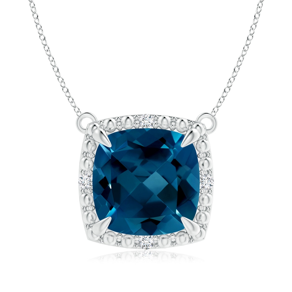 9mm AAAA Claw-Set Cushion London Blue Topaz Beaded Halo Necklace in White Gold 