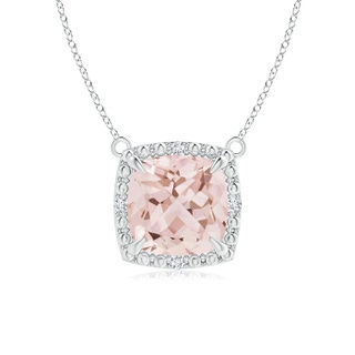7mm AAA Claw-Set Cushion Morganite Beaded Halo Necklace in 9K White Gold
