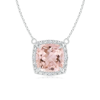 7mm AAAA Claw-Set Cushion Morganite Beaded Halo Necklace in White Gold