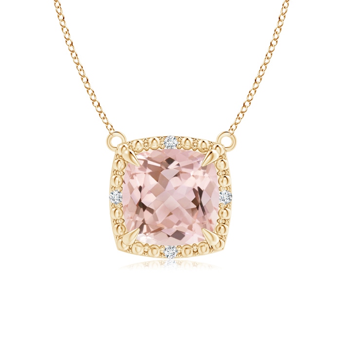 7mm AAAA Claw-Set Cushion Morganite Beaded Halo Necklace in Yellow Gold