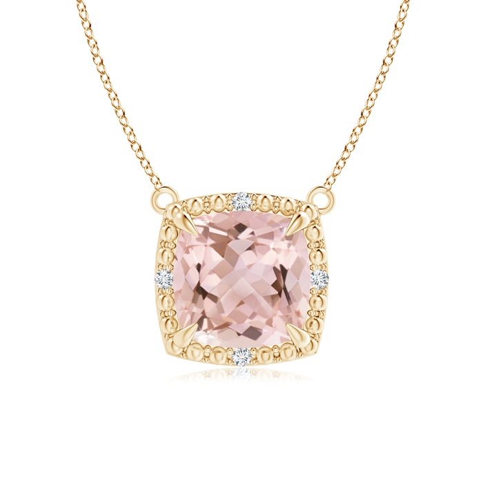 7mm AAAA Claw-Set Cushion Morganite Beaded Halo Necklace in Yellow Gold 