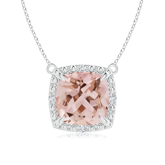 8mm AAA Claw-Set Cushion Morganite Beaded Halo Necklace in White Gold