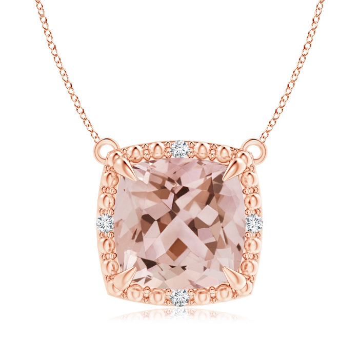 9mm AAA Claw-Set Cushion Morganite Beaded Halo Necklace in Rose Gold 