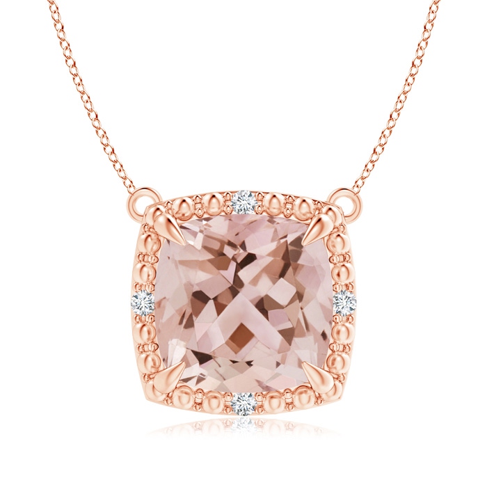 9mm AAA Claw-Set Cushion Morganite Beaded Halo Necklace in Rose Gold