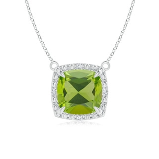 7mm AAA Claw-Set Cushion Peridot Beaded Halo Necklace in White Gold
