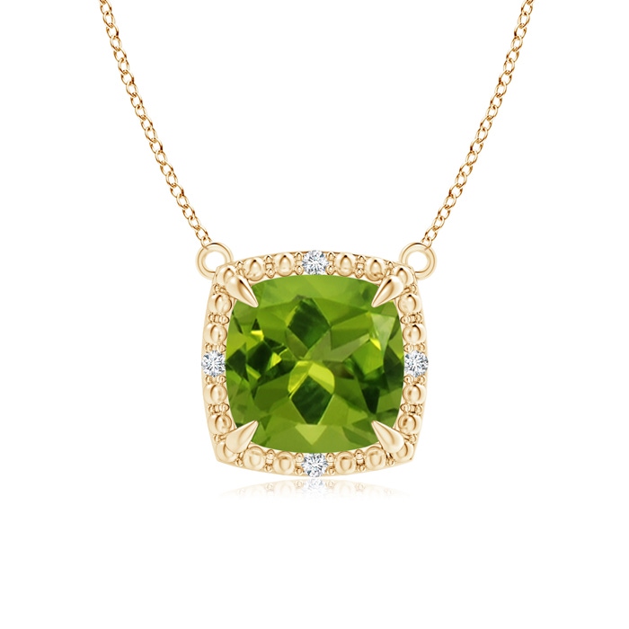 7mm AAAA Claw-Set Cushion Peridot Beaded Halo Necklace in Yellow Gold