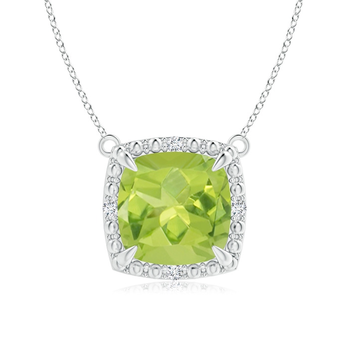 8mm AA Claw-Set Cushion Peridot Beaded Halo Necklace in White Gold 