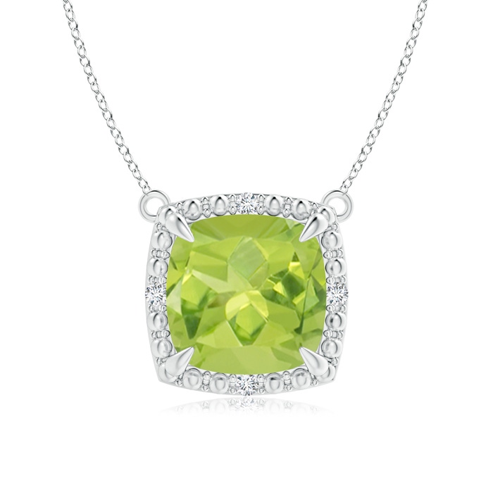 8mm AA Claw-Set Cushion Peridot Beaded Halo Necklace in White Gold