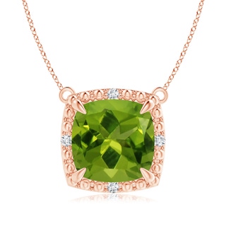 9mm AAAA Claw-Set Cushion Peridot Beaded Halo Necklace in Rose Gold